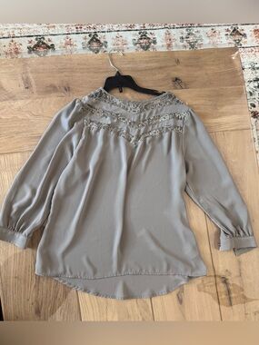 Gaharu Tan Lace Yoke Long Sleeve Blouse - Size Small - Neutral Boho